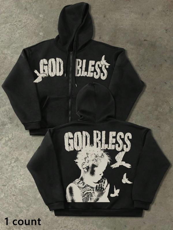 Men's Zip-Up Hoodie Sweatshirt, Black, Casual Vintage American Style, "God Bless" Slogan & Praying Hand Print, Retro...