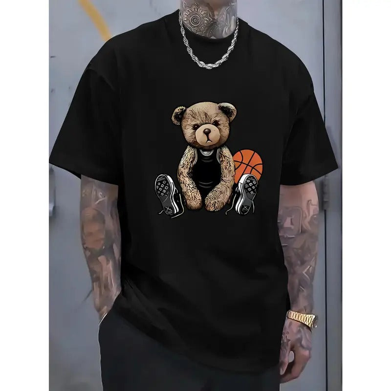 Men's cotton T-shirt with cool bear and basketball prints, casual short sleeved round neck T-shirt, soft and comfortable...