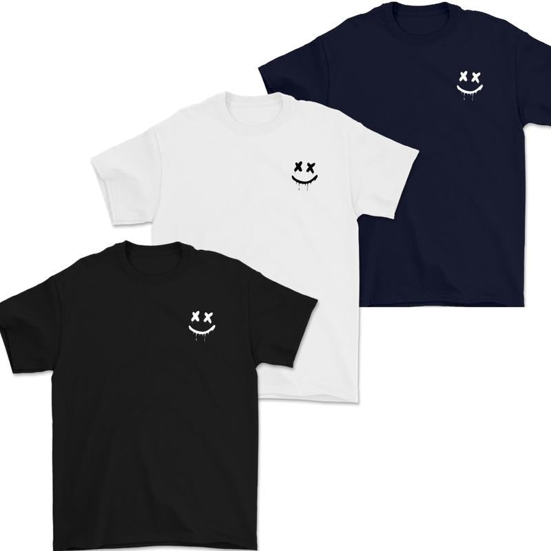 Men's short-sleeved T-shirt with smiley face print, round neck, fashionable, comfortable, humorous cotton fabric for men...