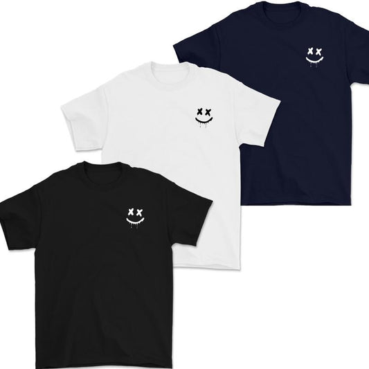 Men's short-sleeved T-shirt with smiley face print, round neck, fashionable, comfortable, humorous cotton fabric for men...