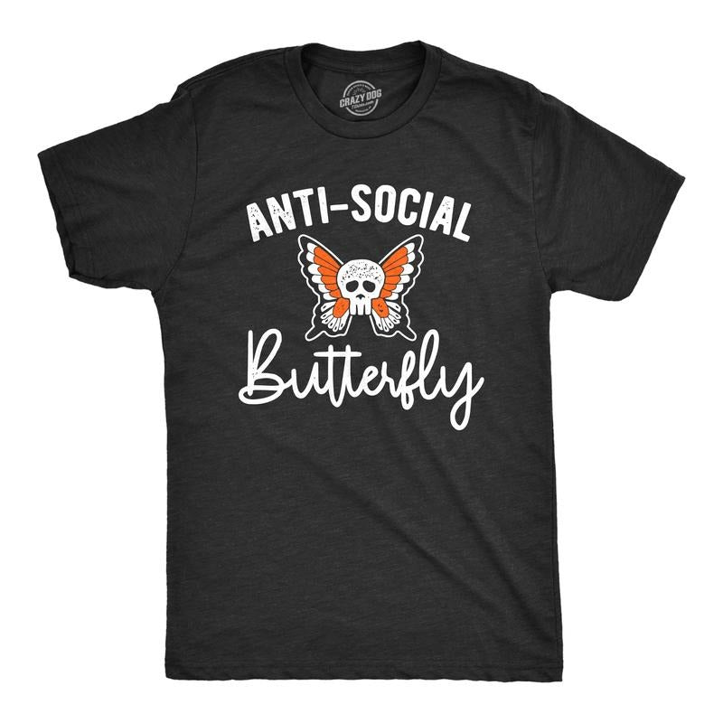Mens Anti Social Butterfly T Shirt Funny Sarcastic T-shirt Offensive Skull Graphic Cool Tee Mens Funny T Shirts Cool Tees...