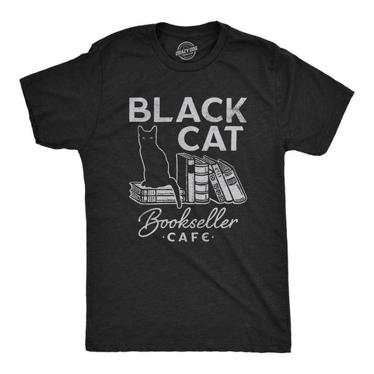Mens Black Cat Bookseller Cafe T Shirt Funny Halloween Book Lovers Novelty Tee For Guys Mens Funny T Shirts Cool Tees...