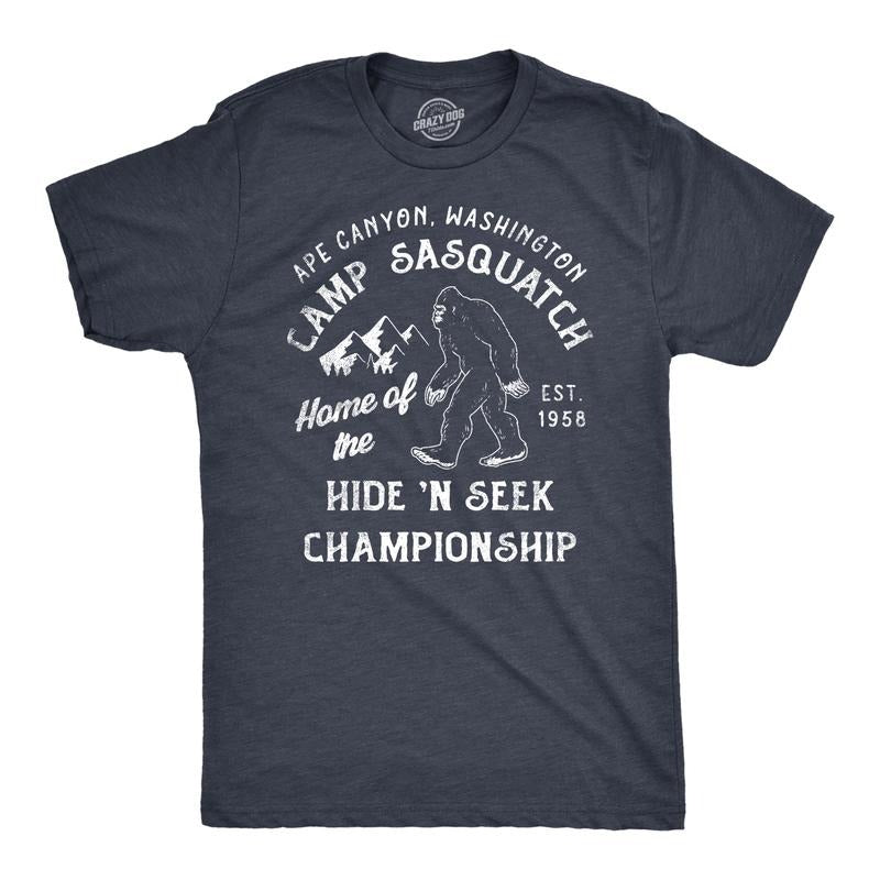 Mens Camp Sasquatch Home Of The Hide And Seek Championship T Shirt Funny Bigfoot Joke Tee For Guys Mens Funny T Shirts...