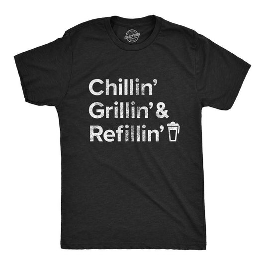 Mens Chillin Grillin and Refillin T Shirt Funny Backyard BBQ Novelty Graphic Tee Mens Funny T Shirts Cool Tees Soft...