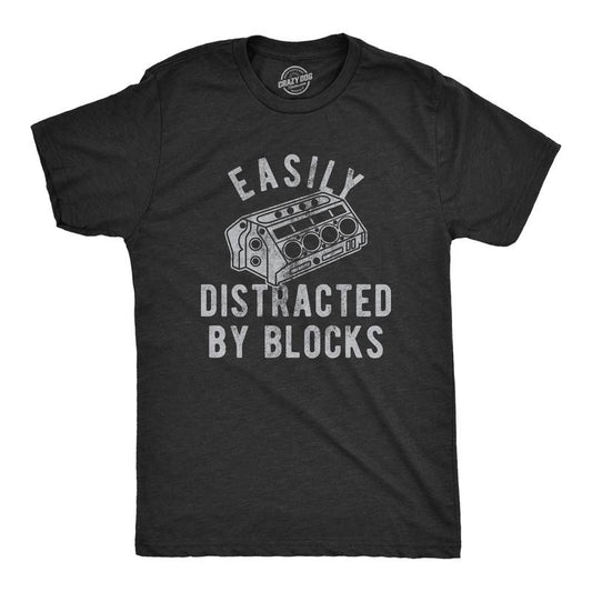 Mens Easily Distracted By Blocks T Shirt Funny Car Engine Lovers Novelty Graphic Tee For Guys Mens Funny T Shirts Cool...