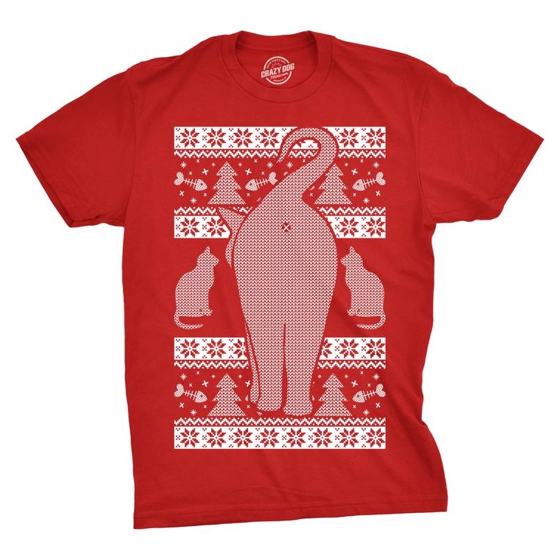Mens Festive Cat Butt Ugly Christmas Sweater T Shirt Funny Holiday Novelty Top Mens Funny T Shirts Cool Tees Soft Stylish...