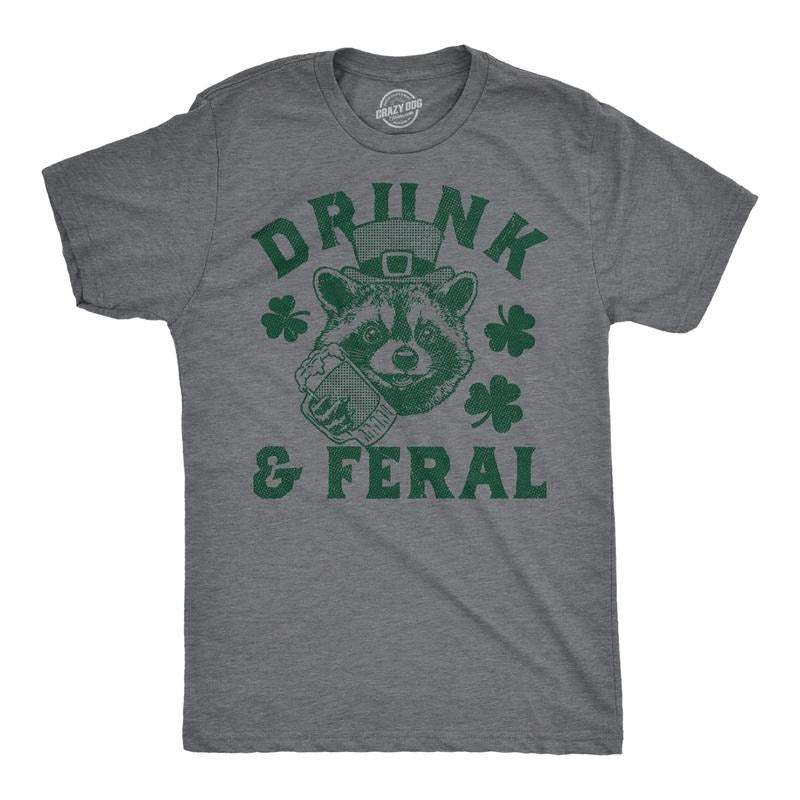 Mens Funny T Shirts Drunk And Feral Sarcastic St Patricks Day Graphic Drinking Tee For Men Mens Funny T Shirts Cool Tees...