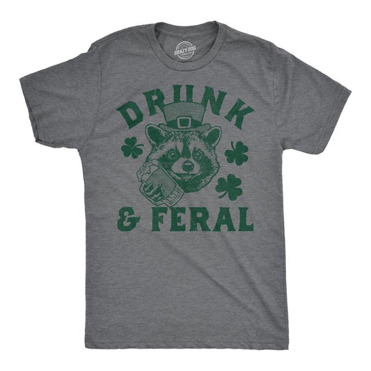 Mens Funny T Shirts Drunk And Feral Sarcastic St Patricks Day Graphic Drinking Tee For Men Mens Funny T Shirts Cool Tees...