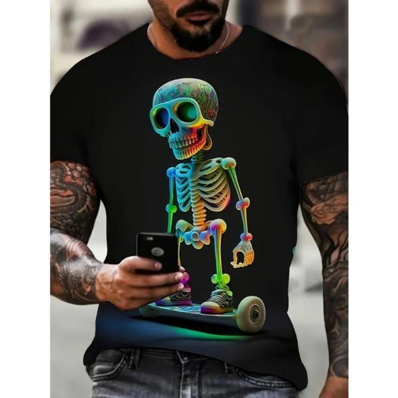 Mens Graphic Skeleton Print Crew Neck T-Shirt - Soft Slight Stretch Polyester Fabric, Machine Washable, Casual Short...