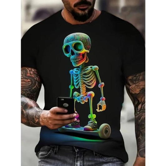 Mens Graphic Skeleton Print Crew Neck T-Shirt - Soft Slight Stretch Polyester Fabric, Machine Washable, Casual Short...