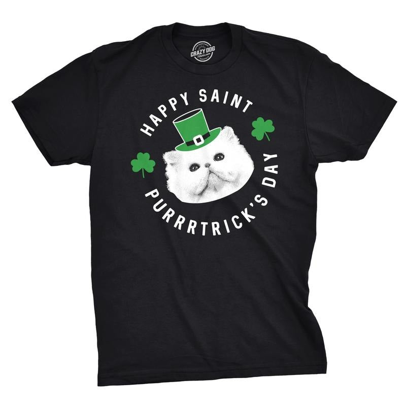 Mens Happy Saint Purrtricks Day T Shirt Funny Saint Patricks Day Cat St Patty Mens Funny T Shirts Cool Tees Soft Stylish...
