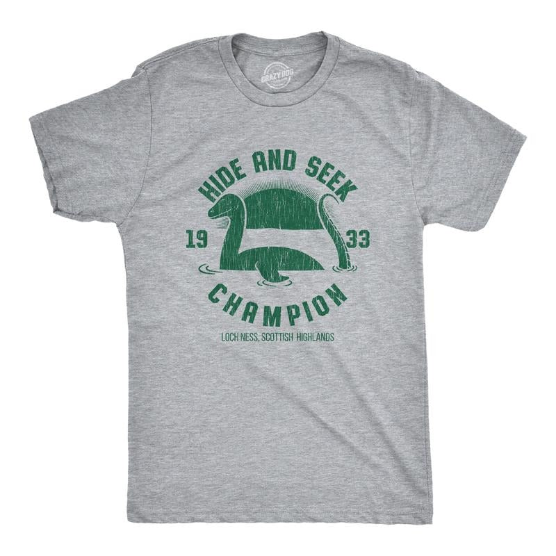 Mens Hide And Seek Champion Loch Ness Monster T Shirt Funny Sea Creature Graphic Tee Mens Funny T Shirts Cool Tees Soft...