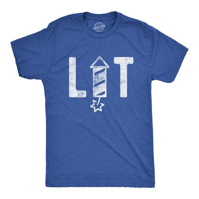 Mens Lit Firework T Shirt Funny 4th of July Parade Firecracker Graphic Novelty Tee Mens Funny T Shirts Cool Tees Soft...