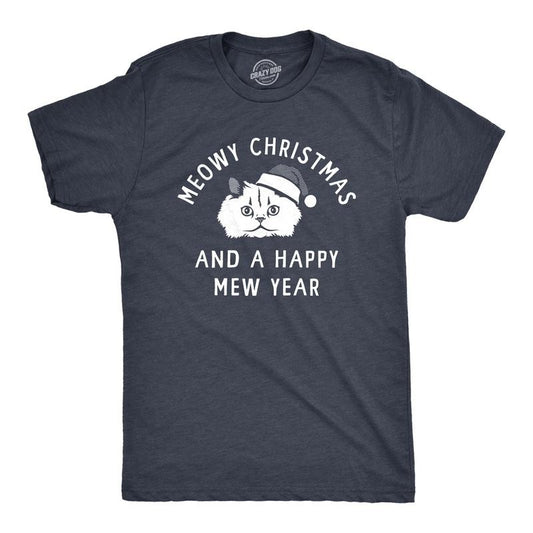 Mens Meowy Christmas And A Happy Mew Year T Shirt Funny Xmas Kitten Lovers Tee For Guys Mens Funny T Shirts Cool Tees...