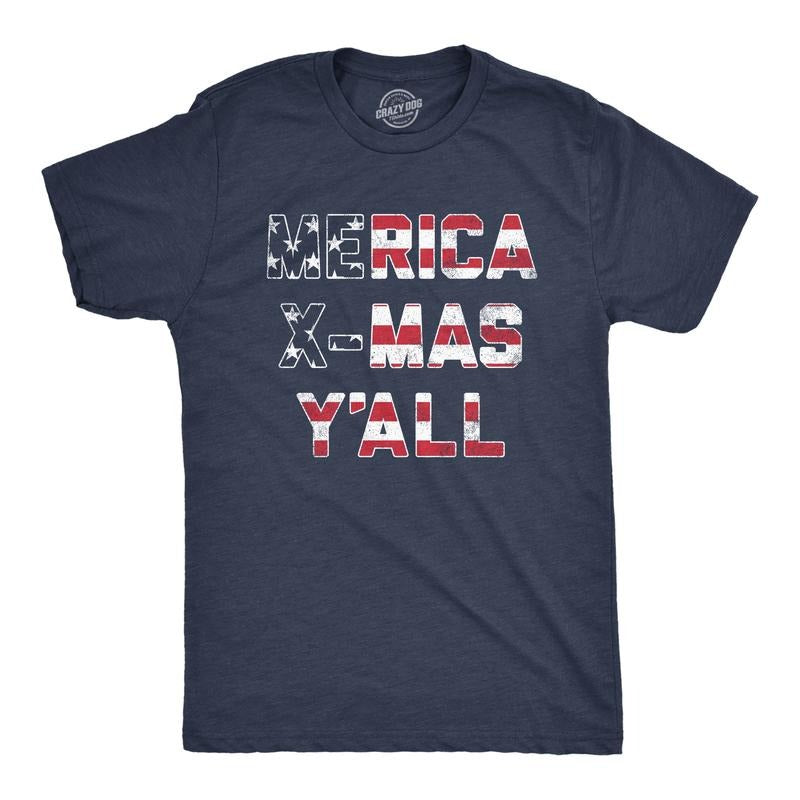 Mens Merica X-Mas Y'All T Shirt Funny Merry Christmas USA America Patriotic Holiday Tee Mens Funny T Shirts Cool Tees...