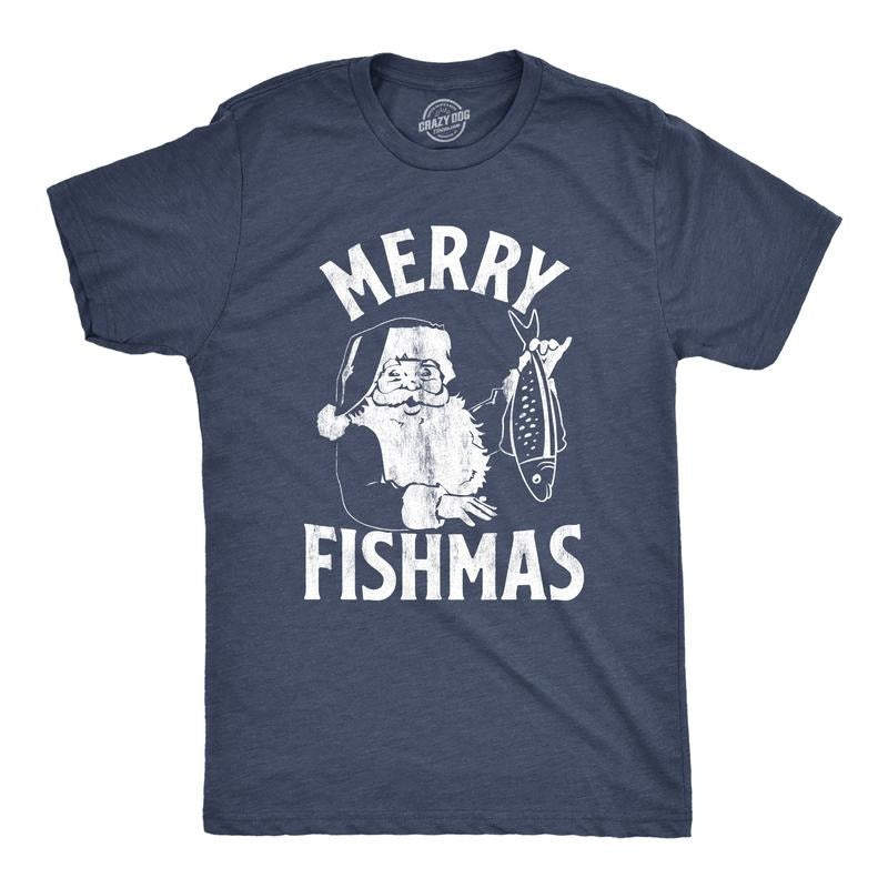 Mens Merry Fishmas T Shirt Funny Christmas Santa Claus Fishing Tee Mens Funny T Shirts Cool Tees Soft Stylish Casual...
