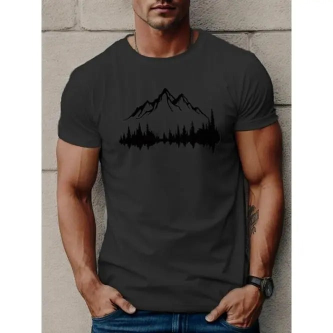 Mens Mountains & Trees Graphic T-Shirt - Lightweight, Breathable Short Sleeve Tee for Summer Adventures