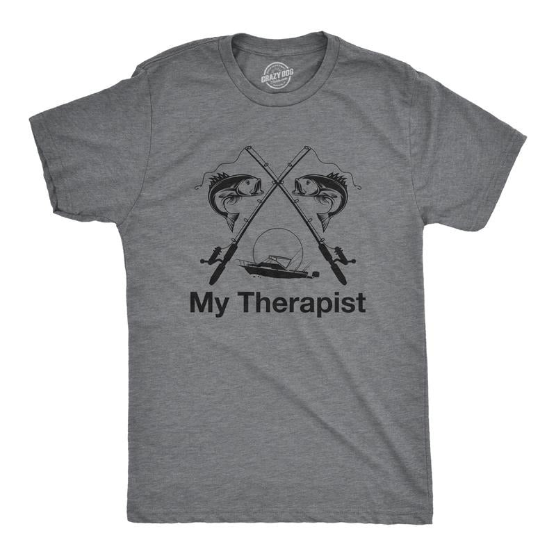 Mens My Therapist Fishing T shirt Funny Angler Fishing Pole Graphic Novelty Tee Mens Funny T Shirts Cool Tees Soft...