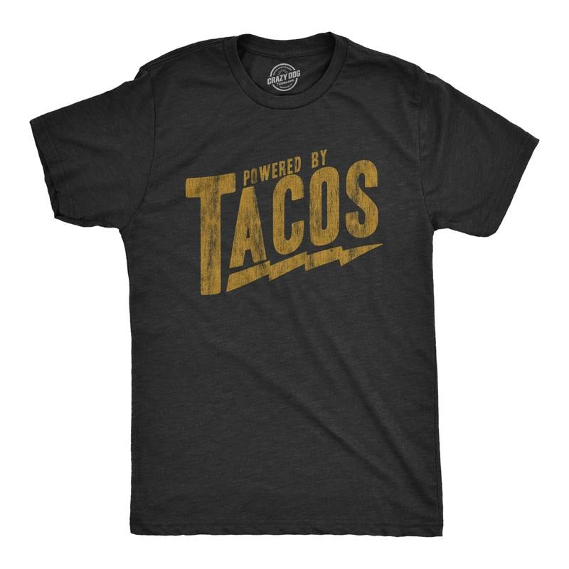Mens Powered By Tacos T Shirt Funny Sarcastic Vintage Retro Graphic Tee for Guys Mens Funny T Shirts Cool Tees Soft...
