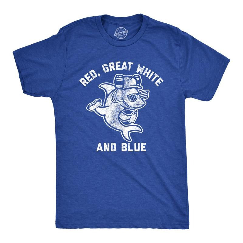 Mens Red Great White and Blue T Shirt Funny 4th Of July Shark USA Patriotic Graphic Tee Mens Funny T Shirts Cool Tees...