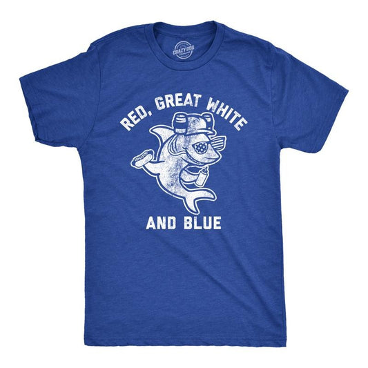Mens Red Great White and Blue T Shirt Funny 4th Of July Shark USA Patriotic Graphic Tee Mens Funny T Shirts Cool Tees...