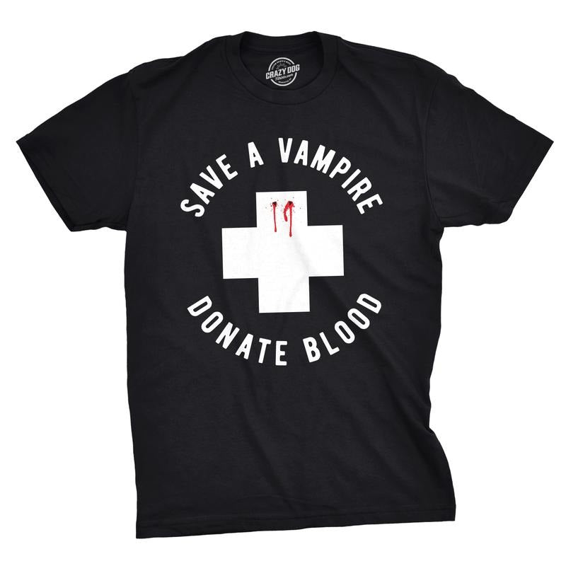 Mens Save A Vampire Donate Blood T Shirt Funny Sarcastic Halloween Night Tee For Guys Mens Funny T Shirts Cool Tees Soft...