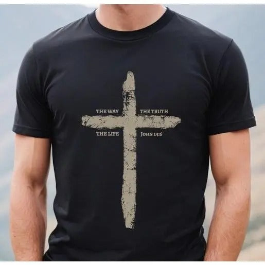 Mens The Way The Truth The Life Cross Tshirt, Christian Dad Fathers Faith Tee Shirt Gift, Rugged Cross Shirt Made in USA...