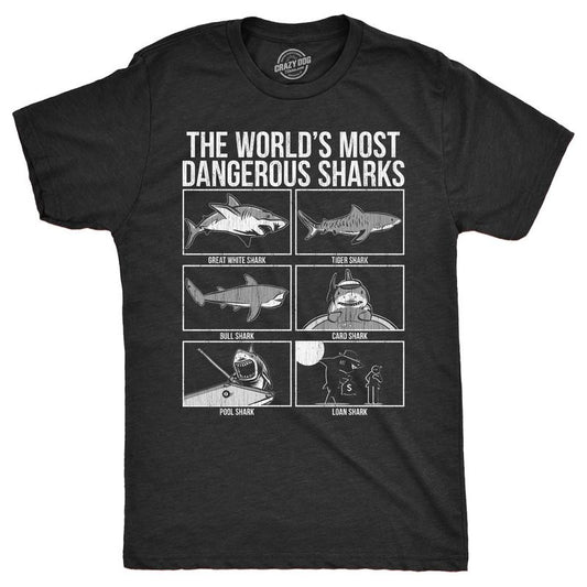 Mens The Worlds Most Dangerous Sharks T Shirt Funny Card Pool Loan Shark Joke Tee for Guys Mens Funny T Shirts Cool Tees...