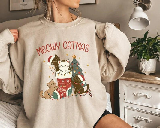 Meowy Catmas Sweatshirt, Cat Christmas Shirt Gift for Cat Lover Sweatshirt Meowy Christmas Sweater Cat Lover Gift Cat...