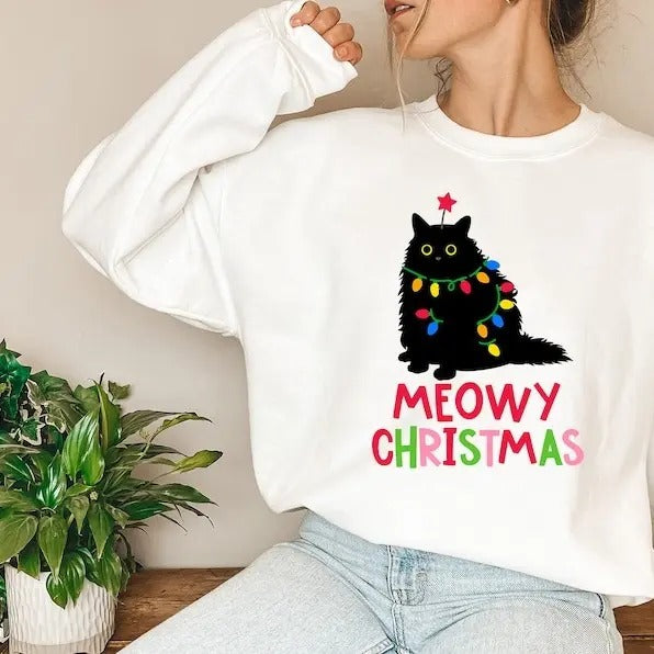Meowy Christmas Shirt, Cat Christmas Sweatshirt, Cat Lover Xmas T-Shirt, Christmas Cat Mom Sweater, Catmas Gift For New...