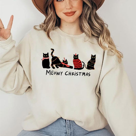 Meowy Christmas Sweatshirt - Christmas Black Cat Sweatshirt - Kitten Christmas Sweater - Cat Lover Gift - Cat Mom...