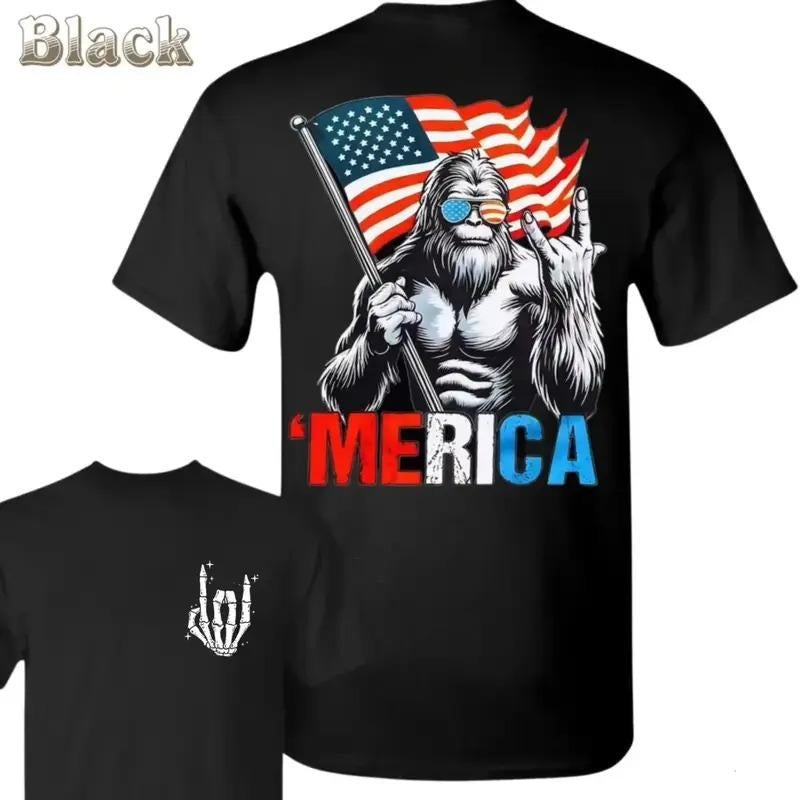 Merica Bigfoot Holding Flag Graphic with Rock Hand Skeleton T-Shirt, Trendy 4th of July Shirt, Independence Day, Red...