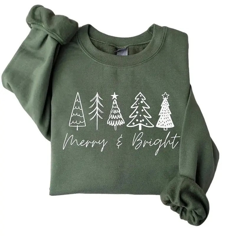 Merry & Bright Christmas Trees Sweatshirt, Christmas Sweatshirt, Holiday Sweater, Womens Holiday Sweatshirt, Christmas...