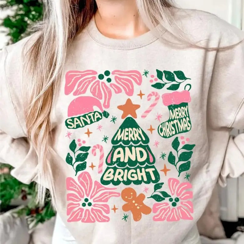 Merry And Bright Sweatshirt, Floral Boho Christmas T-Shirt, Holiday Vibes Shirt, Christmas Santa Sweater, Gift For...