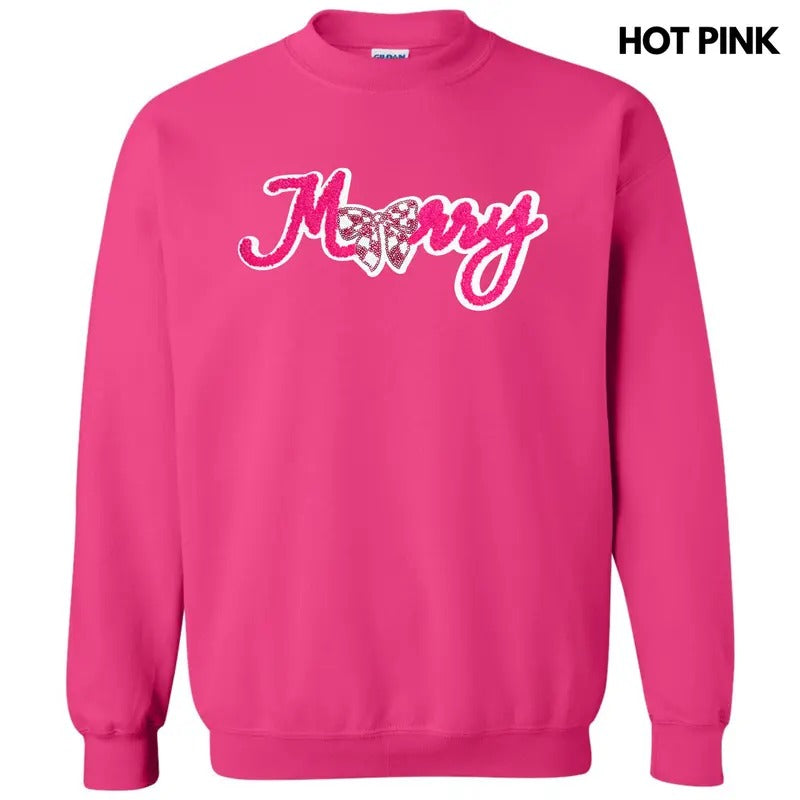 Merry Chenille & Sequin Bow Patch Sweatshirt T-Shirts, Hoodie | WearSparks.com