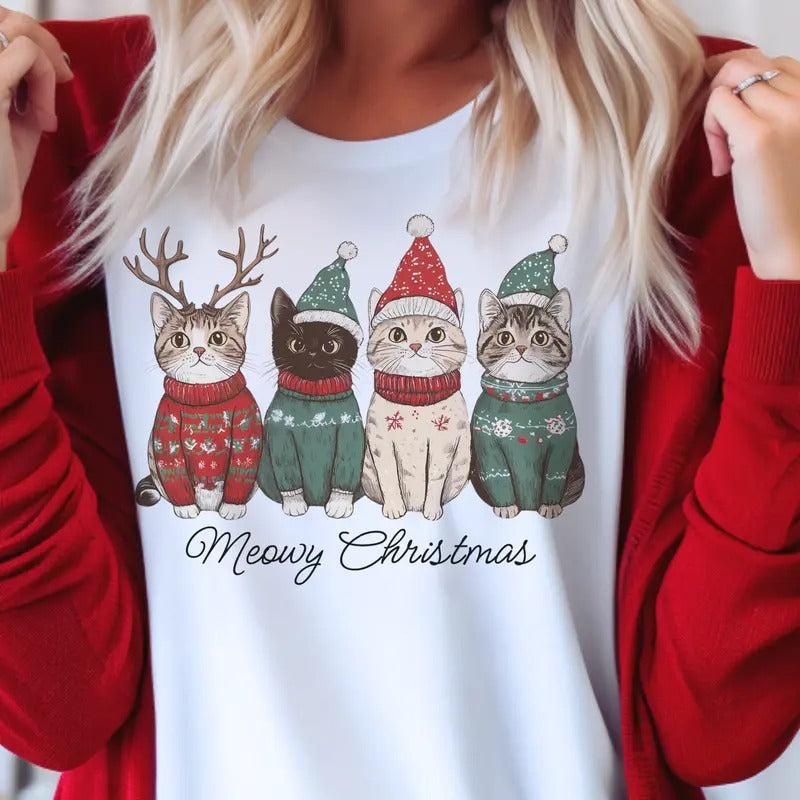 Merry Christmas Cat Holiday Tees for Women - Merry Christmas Cat Mom T-Shirt - Comfort, Womenswear Cad Dad Holiday...
