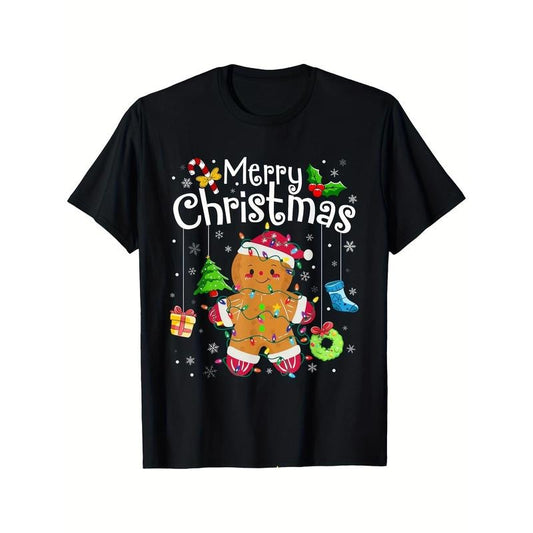 Merry Christmas Gingerbread for Man Graphic Tee - Men's Cotton Casual T-Shirt, Short Sleeve, Round Neck, Machine Washable...