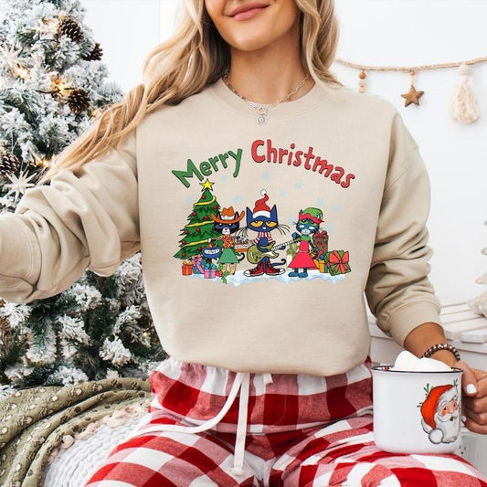 Merry Christmas Pete The Cat Sweatshirt, Groovy Cat Christmas T-shirt, Friends Christmas Tee, Cool Cat Lover Gift,...