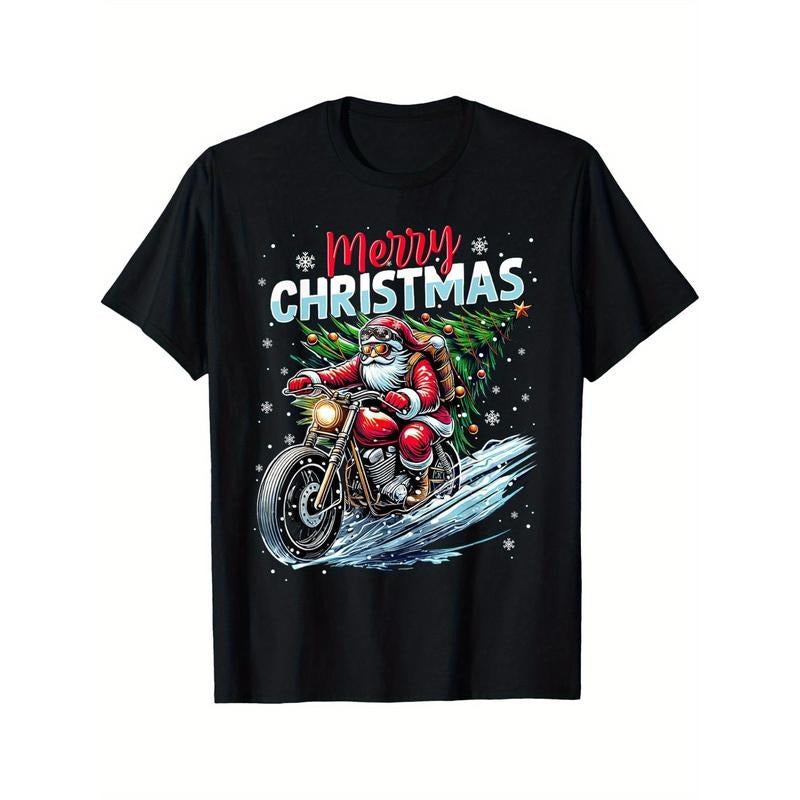 Merry Christmas Santa Riding motorcycle Rider Christmas Christmas T-shirt Black casual short sleeved men's sports T-shirt...