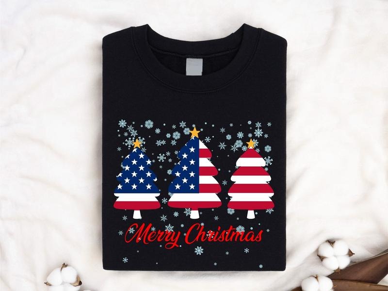 Merry Christmas Shirt, American Flag Christmas T-shirt, Christmas USA Flag Tree Gift Tee, American Christmas Tee For...