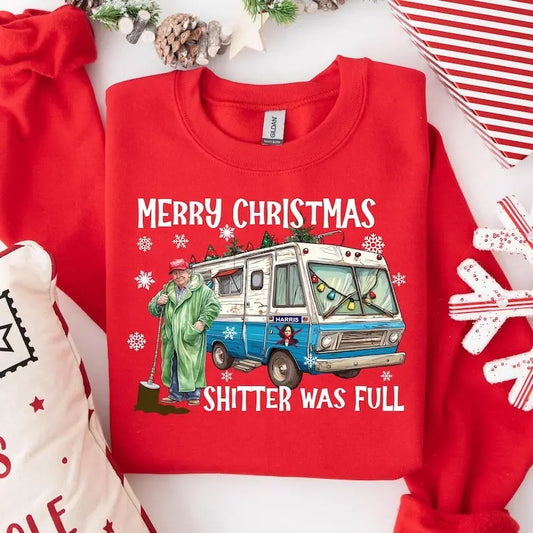 Merry Christmas Shitter Was Full Sweatshirt,Ugly Christmas Trump Tee, Santa Trump Election 2024 Christmas Shirt, I'll Be...