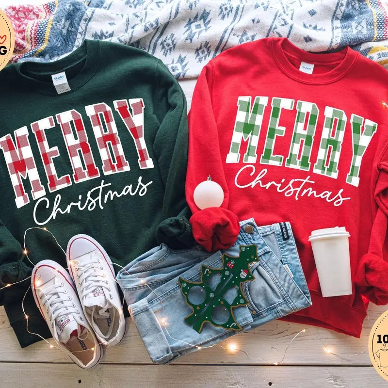 Merry Christmas Sweatshirt Hoodie T-shirt, Buffalo Plaid Sweater, Christmas Family crewneck, Xmas Gift Idea, Woman Xmas...