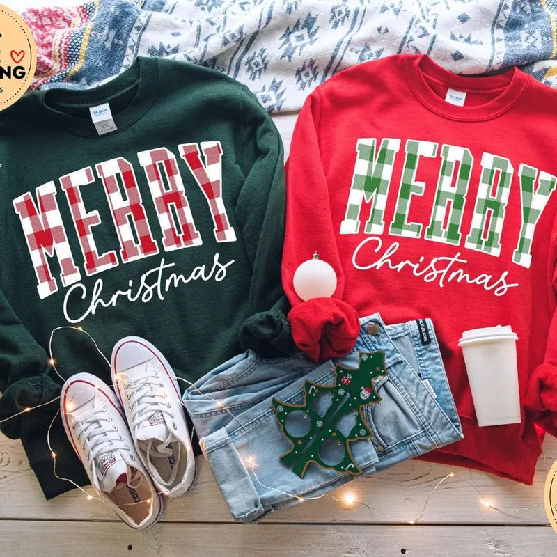 Merry Christmas Sweatshirt, Buffalo Plaid Sweater, Christmas Family crewneck, Xmas Gift Idea, Woman Xmas Shirt, Cute...