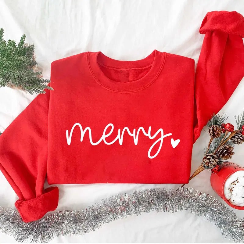 Merry Christmas Sweatshirt, Christmas Heart Sweater, Xmas Holiday Sweatshirt, Merry and Bright Sweater, Christmas Party...