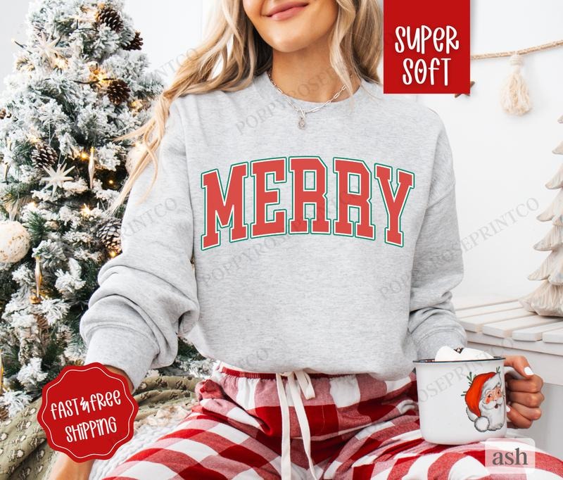 Merry Christmas Sweatshirt, Christmas Sweater, Women's Holiday Crewneck T-Shirts, Hoodie | WearSparks.com