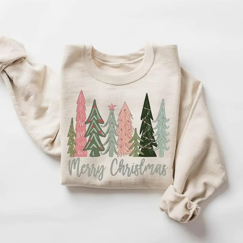 Merry Christmas Tree Sweatshirt, Merry & Bright Christmas Sweatshirt, Holiday Sweater, Womens Holiday Shirt, Winter...