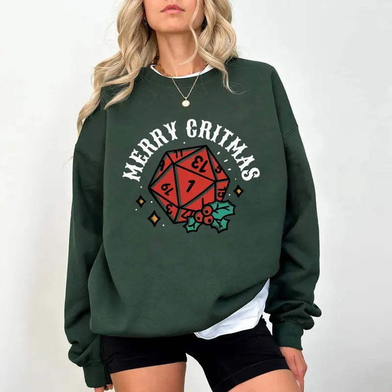 Merry Critmas DND NAT 1 Sweatshirt Tshirt Hoodie, Dungeons and Dragons Christmas Sweatshirt, Christmas Sweatshirt For DnD...