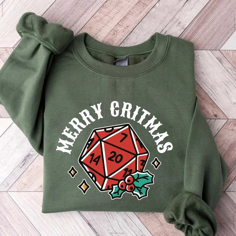 Merry Critmas Dungeons and Dragons Christmas DnD Role Playing Polyhedral Dice D20 Christmas Season Graphic Printed Unisex...