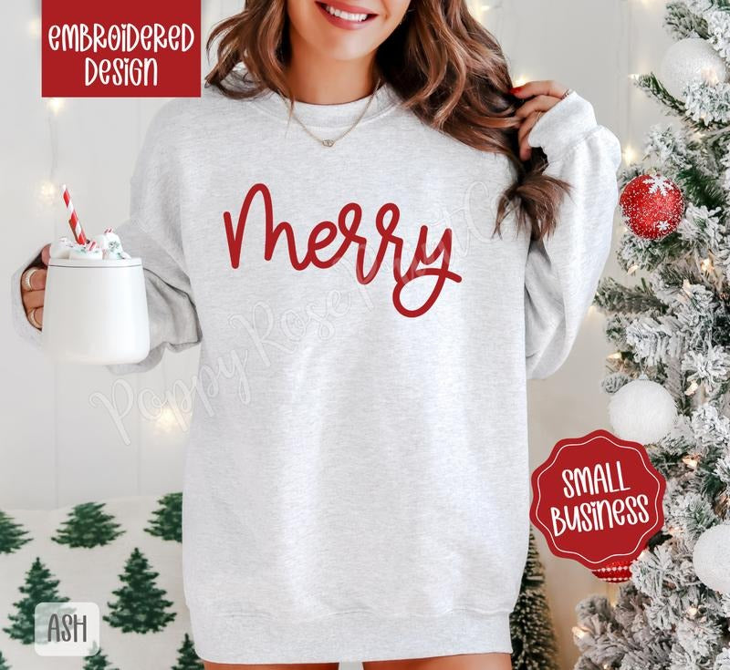 Merry Embroidered Christmas Sweatshirt, Holiday Crewneck Sweatshirt, Xmas Sweater T-Shirts, Hoodie | WearSparks.com