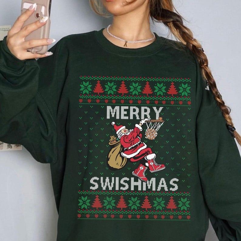Merry Swishmas Ugly Sweatshirt, Basketball Christmas Shirt, Santa Basketball Shirt, Basketball Player Gift,Basketball Fan...